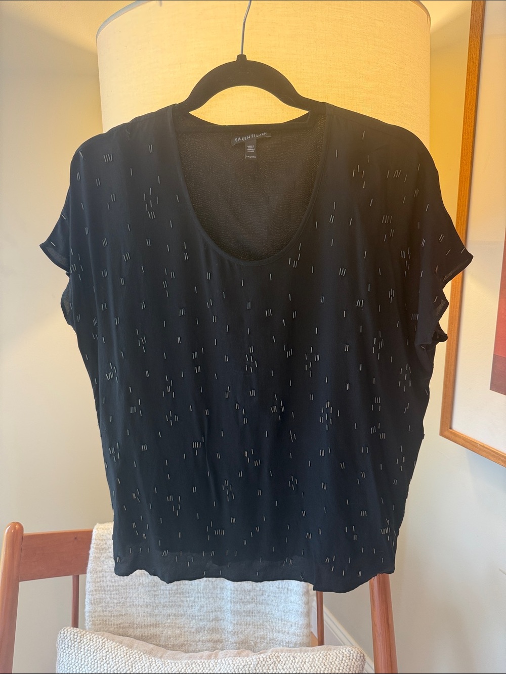 Eileen Fisher Black Short Sleeve Scoop Neck Top with Subtle Metallic Dots